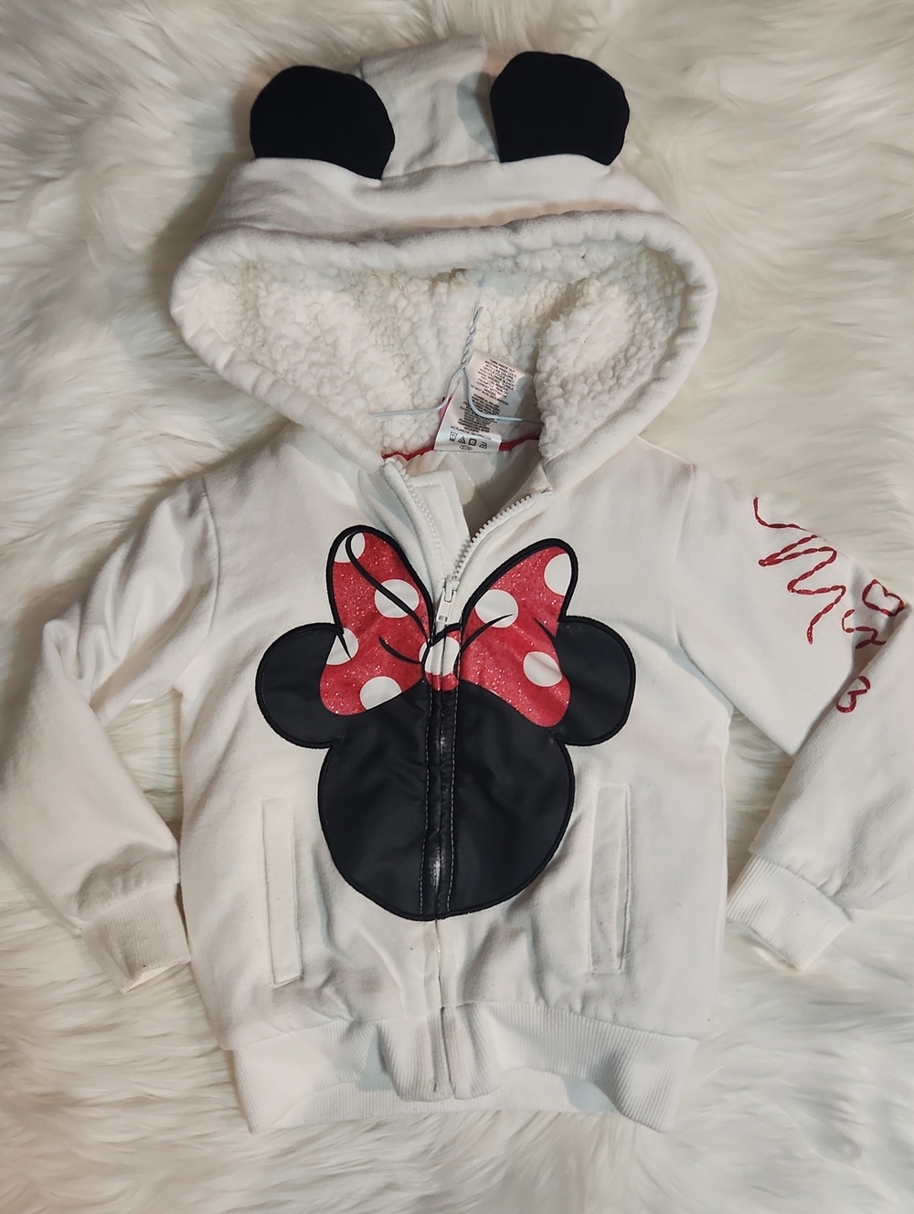 Kids White Minnie Mouse Hoodie with Red Bow - Size 3T